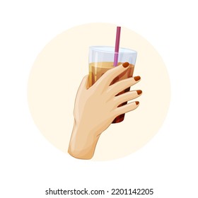 Hands holding cup of coffee with whipped cream. Female hands with red nail polish holding glass mug of tea, coffee drink with straw. Cup of aroma hot beverage cartoon vector