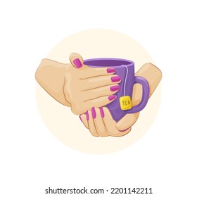 Hands holding cup of coffee with whipped cream. Female hands with red nail polish holding glass mug of mochaccino, tea, coffee drink. Cup of aroma hot beverage cartoon vector