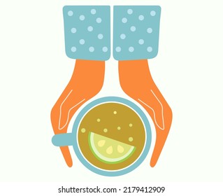 Hands holding a cup of green tea with lemon on top. The girl warms her hands. Fragrant drink, morning drink. Time relax. Vector isolated flat design illustration. Flat lay.