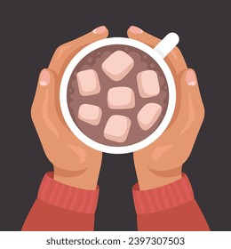 Hands holding cup of hot chocolate with marshmallows. Winter drink top view vector illustration.