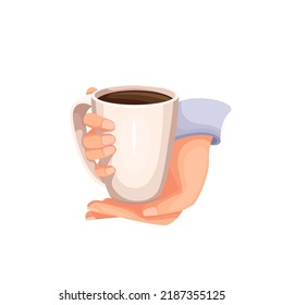 Hands Holding Cup Of Hot Coffee Or Tea Vector Illustration. Cartoon Two Arms Of Person Keep Warm Of Isolated Ceramic Mug With Drink, Caffeine Beverage For Morning Energy, Breakfast And Break Time