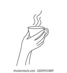 hands holding a cup of hot coffee or tea. linear illustration on white background