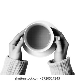 Hands holding a cup of hot coffee or tea, top view. Minimal black and white halftone illustration with cozy mood, isolated on white background. Concept of comfort, warmth, lifestyle.