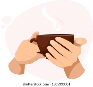 Hands holding a cup of hot drink like coffee or tea.