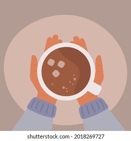 Manos sosteniendo una taza con una bebida caliente, café, té. Vista superior. Ilustración vectorial en estilo plano
