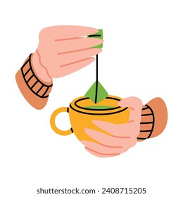Hands Holding Cup with Hot Tea Drink Brewing with Teabag Vector Illustration