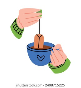 Hands Holding Cup with Hot Tea Drink Brewing with Teabag Vector Illustration