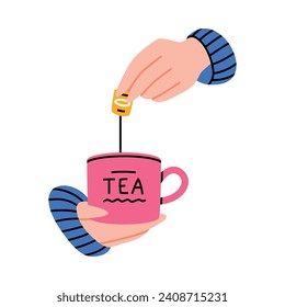 Hands Holding Cup with Hot Tea Drink Brewing with Teabag Vector Illustration