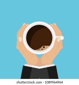 Hands holding a cup on both sides. A cup of coffee in the hands of a man. Flat design, vector illustration, vector.