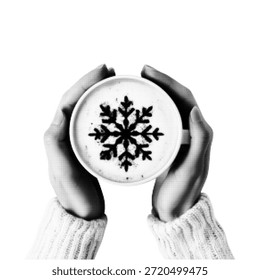Mãos segurando uma xícara com símbolo floco de neve em estilo de meio-tom. Mínima ilustração em preto e branco representando inverno, calor, bebida sazonal e clima de férias acolhedor em fundo branco.