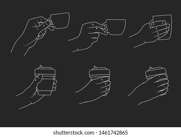 Hands holding cup, take away mug of hot coffee in outline. Concept illustration for coffee shop, house or menu.