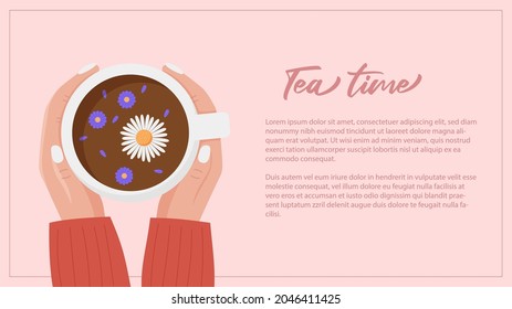 Hands holding cup of tea. Web banner template