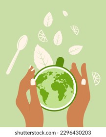 Manos sosteniendo una taza de té con un mapa del mundo. Día Internacional del Té. Diseño de tarjetas de felicitación.