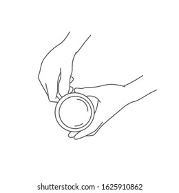 Hands holding cups of coffee or tea. Line drawing vector illustration.