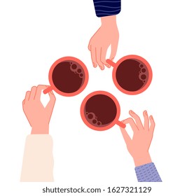 Hands holding cups. Coffee, tea in woman hand. Isolated mugs with hot drinks in cafe. Friends meeting or morning time vector illustration
