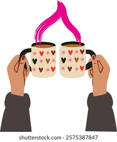 Hands holding cups of coffee that makes hearth concept of love vactor silhouettes illustrator design