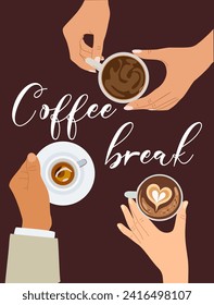 Hands holding cups with coffee top view. 