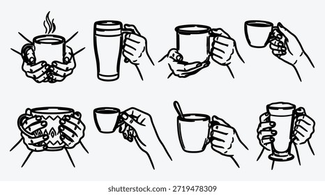 Manos sosteniendo tazas de diferentes maneras para beber bebidas calientes