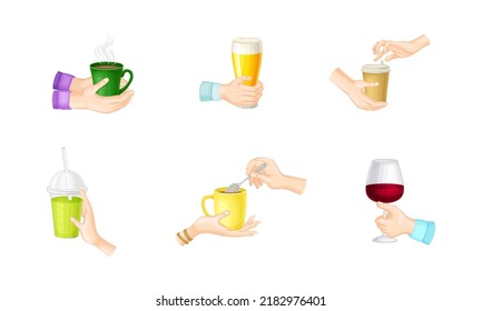 Hands Holding Cups Of Drinks Set. Hand With Mug Of Beer, Coffee, Tea And Glass Of Wine Vector Illustration