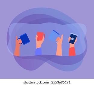 Hands holding cups or mugs of coffee or tea. People drinking hot drinks together flat vector illustration. Communication, care, pottery, concept for banner, website design or landing web page