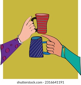 hands holding cups with tea. Side view. Hand drawn colored trendy vector illustration. Cartoon style. Flat design, isolated cheers to toasting, celebration and leisure.