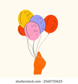 Hands holding cute balloons. For birthday, Christmas, Valentine's day presents, isolated on background. Holiday greetings, wedding, black friday, arms gives new year souvenirs. Vector illustration