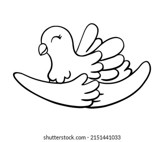 Hands holding a cute dove. Coloring page for kids. Digital stamp. Cartoon style character. Vector illustration isolated on white background.