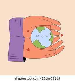 Hands holding cute earth character. Planet protection concept. Vector retro cartoon illustration.