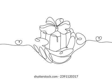 Hands holding a cute gift. Boxing Day. One line drawing for different uses. Vector illustration.