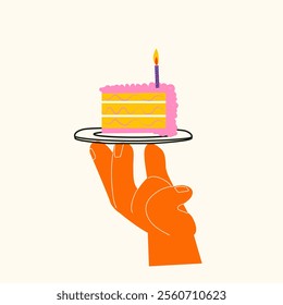 Hands holding cute piece of Birthday cake. Festive dessert with candle. Sweet pastry with cream. Birthday cake. Food for the holiday. Sugar sponge cake. Baker. Vector flat art for card poster, clipart