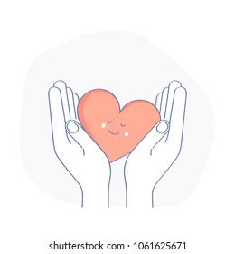 Hands holding cute red smiley Heart, receive or accept Love, Kindness, Care, Help, donation or hope. Charity, philanthropy, Volunteering or Assistance vector icon, logo. Modern line design concept.