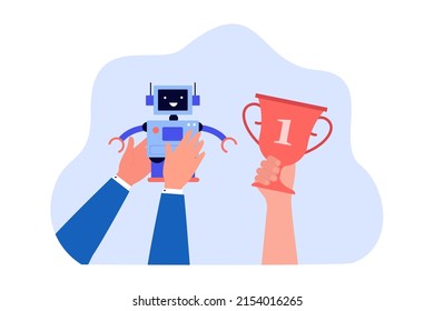 Hands holding cute robotic character and trophy. Child winning robotics competition in school or college flat vector illustration. Robotics, technology, victory concept for banner or landing web page