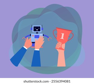 Hands holding cute robotic character and trophy. Child winning robotics competition in school or college flat vector illustration. Robotics, technology, victory concept for banner or landing web page