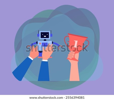 Hands holding cute robotic character and trophy. Child winning robotics competition in school or college flat vector illustration. Robotics, technology, victory concept for banner or landing web page