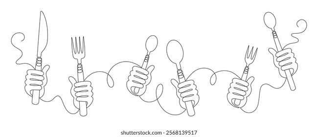 Hands holding cutlery in fist drawn with continuous line in minimalism, waiting for food, eating activity concept, table setting, knife, fork, spoon, one line, editable vector contour