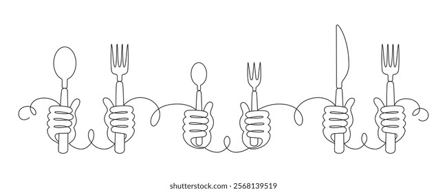 Hands holding cutlery in fist drawn with continuous line in minimalism, waiting for food, eating activity concept, table setting, knife, fork, spoon, one line, editable vector contour