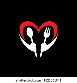 Manos sosteniendo cubiertos y forma cardíaca. El concepto de logotipo de comida saludable con amor y estilo plano