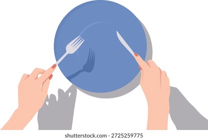 Hands Holding Cutlery Over an Empty Blue Plate