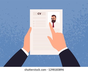 Hands holding CV or Curriculum Vitae of candidate or applicant. Concept of job application, choice of worker, staff recruitment, HR or employee hiring. Vector illustration in flat cartoon style.