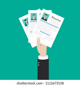 Hands holding cv resume documents. Human resources management concept, searching professional staff, work. Found right resume. Vector illustration in flat style