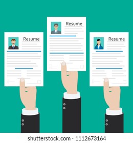 Hands holding cv resume documents. Human resources management concept, searching professional staff, work. Found right resume. Vector illustration in flat style