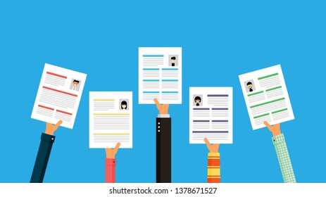 hands holding a cv resume documents. searching professional staff Isolated on blue background. Vector Illustration.