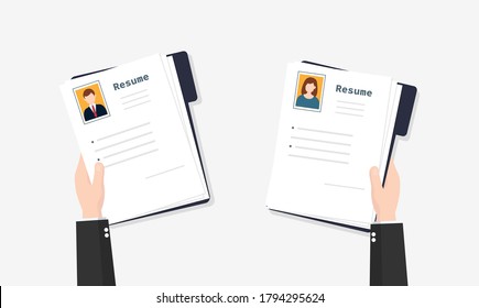 Hands holding cv resume documents. Human resources management concept, searching professional staff, work. Found right resume. Vector illustration in flat style.