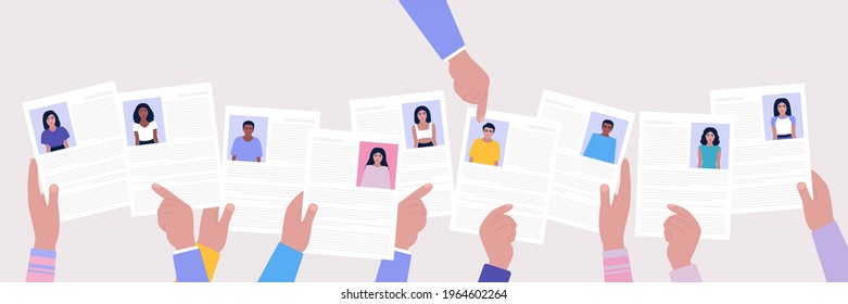 Hands holding cv resume documents. Manager chooses the right candidate. Human resources management, searching professional staff, work. Found right resume. Vector illustration in flat style