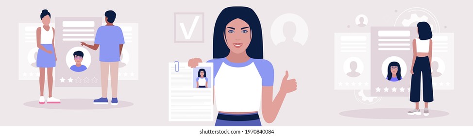 Hands holding cv resume documents. Manager chooses the right candidate. Human resources management, searching professional staff, work. Found right resume. Vector illustration in flat style