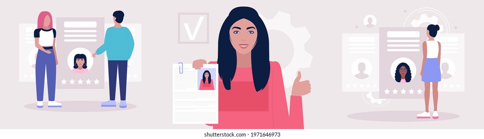 Hands holding cv resume documents. Manager chooses the right candidate. Human resources management, searching professional staff, work. Found right resume. Vector illustration in flat style