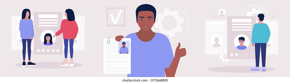 Hands holding cv resume documents. Manager chooses the right candidate. Human resources management, searching professional staff, work. Found right resume. Vector illustration in flat style