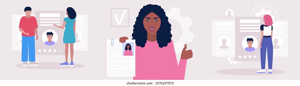 Hands holding cv resume documents. Manager chooses the right candidate. Human resources management, searching professional staff, work. Found right resume. Vector illustration in flat style