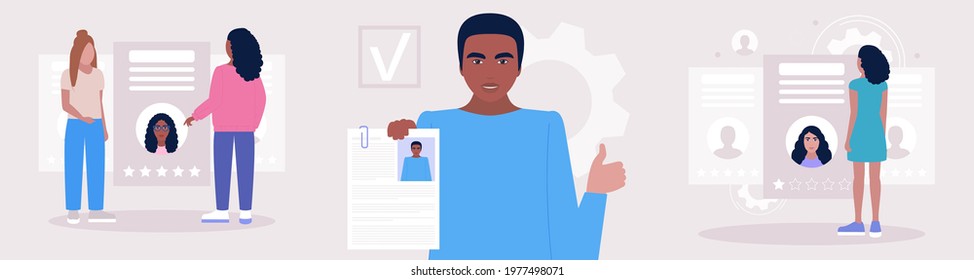 Hands holding cv resume documents. Manager chooses the right candidate. Human resources management, searching professional staff, work. Found right resume. Vector illustration in flat style