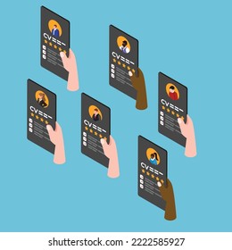 Hands holding cv resume documents isometric 3d vector illustration concept for banner, website, illustration, landing page, flyer, etc.